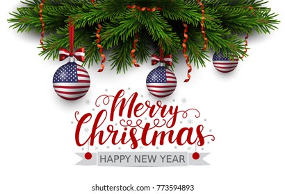 Vector border of Christmas tree branches with red ribbon and balls with american flag. Merry christmas and happy new year
