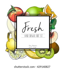 Vector border color illustration of fresh fruits. Banana, kiwi, peach, lemon, orange, lime. Hand drawn set of vegetarian tasty organic food.