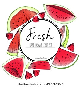 Vector border color illustration of watermelon slices. Hand drawn set of vegetarian tasty fresh organic food with black round text template.