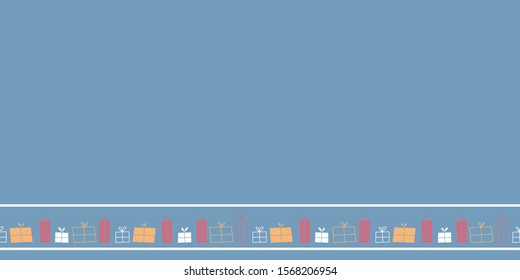Vector border with colorful gifts on light blue background. One of the "Winter Snowmen" collection patterns with Christmas feeling.