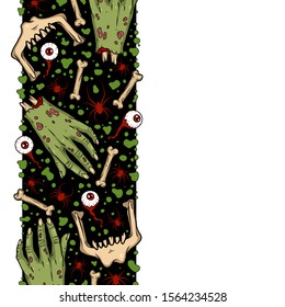 Vector border with creepy eyes, hands, bones, spiders for spooky design, print, poster, cover, sticker, packing, article. Scary illustration for horror festival, party invitation, Halloween decor.