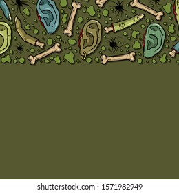 Vector border with creepy fingers, ears, bones, spiders for scary design, print, poster, cover, sticker, packing, apparel. Spooky illustration for horror festival, party invitation, Halloween design.