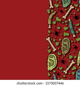 Vector border with creepy fingers, ears, bones, spiders for scary design, print, poster, cover, sticker, packing, apparel. Spooky illustration for horror festival, party invitation, Halloween design.