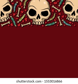 Vector border with creepy fingers, skulls, bones, spiders for scary design, print, poster, cover, sticker, packing. Spooky illustration for horror festival, party invitation, Halloween decoration.