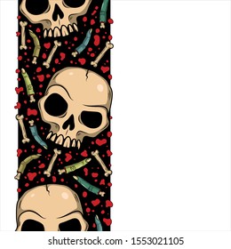 Vector border with creepy fingers, skulls, bones, spiders for scary design, print, poster, cover, sticker, packing. Spooky illustration for horror festival, party invitation, Halloween decoration.