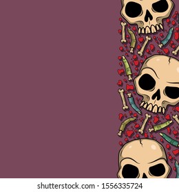 Vector border with creepy fingers, skulls, bones, spiders for scary design, print, poster, cover, sticker, packing, text. Spooky illustration for horror festival, party invitation, Halloween decor.