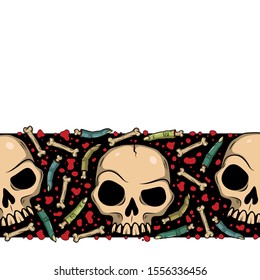 Vector border with creepy fingers, skulls, bones, spiders for scary design, print, poster, cover, sticker, packing. Spooky illustration for horror festival, party invitation, Halloween decoration.