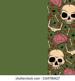 Vector border with creepy skulls, bones, brain, spiders, blood for spooky design, print, poster, cover, packing, t-shirt. Scary illustration for horror festival, party invitation, Halloween decor.