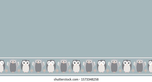 Vector border with cute owls and flowers on green background. Pastel colors. One of " The Owls" collection patterns.