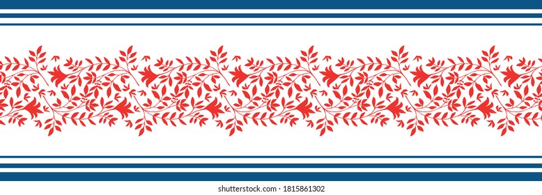 Vector border with damask style wild meadow and striped edging. Stylized red leaves in horizontal rows on white backdrop. Geometric damask style design. Botanical foliage illustration for ribbon, trim