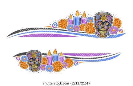 Vektorgrenze für den Tag der Toten mit leerem Textbereich, Grußkarte mit Illustration des schmucklosen Schädels der dekorativen Kunst, brennende Kerzen, festliche orangefarbene Blumen für den Tag der Toten auf Weiß