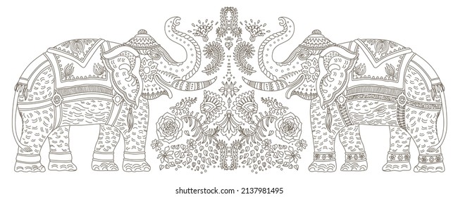 Vector border of decorative ornate Indian elephant with tropical leaves and flowers. Brown contour thin line ornaments on a white background. Coloring book page for adults and children