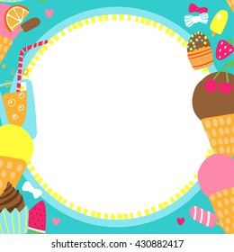 Vector Border with Delicious Ice Cream Cupcakes Strawberry and Orange Vertical Seamless