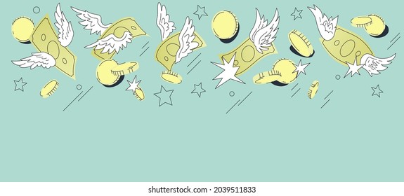 Vektorgrenzdesign mit verstreuten Münzen und fliegendem Papiergeld. Geschäfts- und Finanzhintergrund. Neo flache Illustration für Web und soziale Medien.
