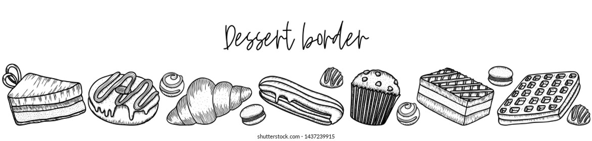 Vector Border Of Desserts: Muffin, Croissant, Candy, Waffle, Eclair, Macaroon, Cake, Pie, Donut. The Engraving Style 