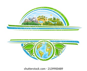 Vector border for Earth Day Holiday with copy space for greeting text, decorative frame with illustration of mountainous area, africa palm trees, woodland with river on sky background, cartoon earth