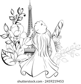 Vector border with Eiffel Tower, Parisian woman, sweet deserts and bakery, street food, café. Romantic travel to France. Black silhouette for circuit