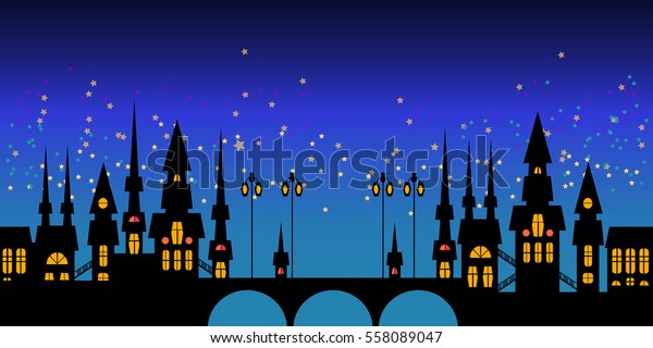 Vector border\
of Europe night city Prague skyline\
