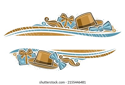 Vector border for Father's Day with blank copy space for congratulation text, horizontal decorative ticket with illustration of mens hat, cartoon bow tie, gift box for fathers day on white background