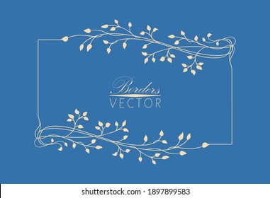 Borde vectorial o fondo de marco en color azul azure con elegantes esquinas florales y patrón de borde, grávidas vides de hiedra dibujadas a mano y florece en una etiqueta de champán beige o diseño de etiquetas