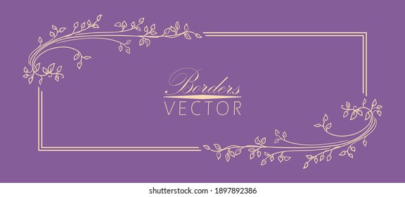 Vector border or frame background in  purple amethyst color with elegant floral corners and border pattern, graceful hand drawn ivy vines and flourishes in ornate label or tag design