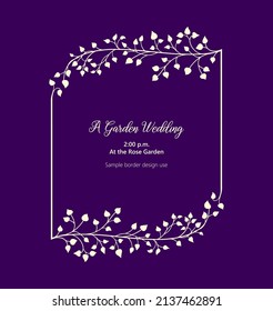 Vector border or frame background in royal purple color with elegant floral corners and border pattern, graceful hand drawn ivy vines and flourishes in ornate label tag design, wedding invitation