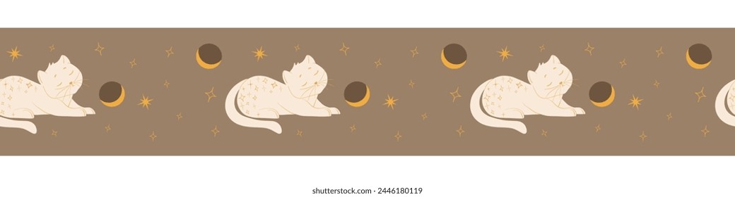 Vector border frame with cartoon cat, crescent moon, stars.  Seamless masking tape. Horizontally repeatable. Hand drawn style. Boho hand drawn print. Gold color. 
