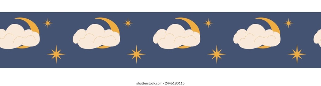 Vector border frame with cartoon night sky, clouds, crescent moon, stars.  Seamless masking tape. Horizontally repeatable. Hand drawn style. Boho vector print.  