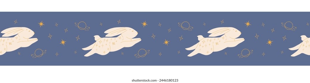 Vector border frame with cartoon rabbits, planet, stars.  Seamless masking tape. Horizontally repeatable. Hand drawn style. Boho vector print. 