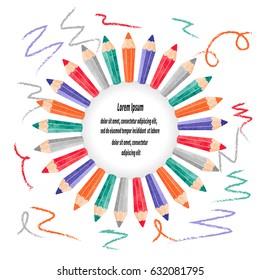 Vector border frame with colorful pencils. Children's kindergarten graduation certificate.
