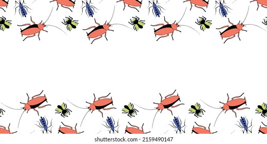 Vector border, frame from of insect pests - oriental cockroaches, flies, mosquitoes. Horizontal top and bottom edging for insects design, Pest control theme