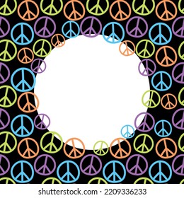 Vector border, frame with international symbol of pacifism, disarmament, world peace. Bright background, decoration, seamless pattern in doodle flat style