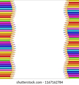 Vector border frame made of vertical rows
colored wooden pencils isolated on white background. Back to school framework bordering template concept, banner, poster with empty copy space for text