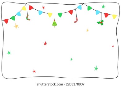 Vector - Border or Frame for New Year, Christmas season. Bunting, X'mas tree, sock hanging on string. Holiday. Copy space. Can be use for advertising, banner, poster or web.