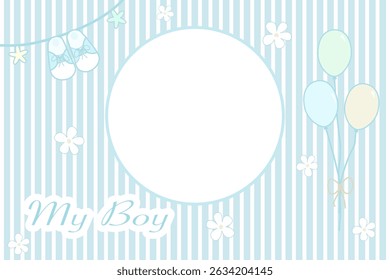Vector - Border or frame on newborn for boy, son concept. Blue and white color. Can be use for album, cover, scrapbook, celebration, birthday.