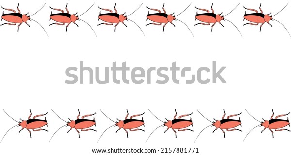 Vector border, frame from\
russet oriental cockroaches in doodle flat style. Horizontal top\
and bottom edging, decoration for insects design, Pest control\
theme
