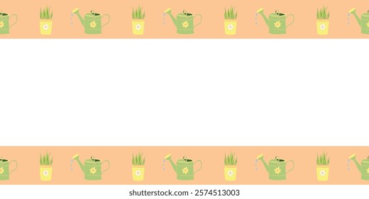 Vector border, frame of with watering cans, flower pots in flat style. Color horizontal top and bottom edging, decoration on topic of growing and caring for plants for home, garden