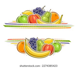 Vector border for Fruits with blank copy space for ad text, decorative voucher with illustration of whole sweet banana, ripe peach fruit, green juicy apple, group of variety fruits on white background