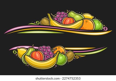 Vector border for Fruits with blank copy space for ad text, decorative layout with illustration of whole sweet banana, ripe kiwi fruit and green juicy apple, group of variety fruits on dark background