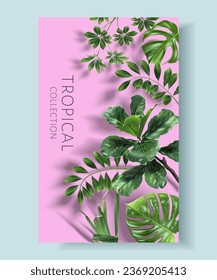 Vector border with green tropical leaves on pink background. Exotic botanical design for cosmetics, spa, perfume, beauty salon, travel agency, florist shop. Best as packaging design