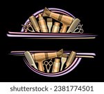 Vector border for Hair Salon with blank copy space for ad text, decorative sign board with illustration of hair stylist equipment, golden colored beauty tools for woman hair salon on dark background