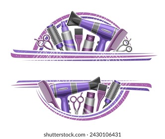 Vector border for Hair Salon with empty copyspace for ad text, decorative sign board with illustration of hair stylist accessories, purple colored beauty tools for lady hair salon on white background