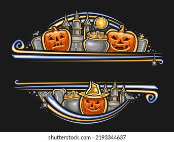Vector border for Halloween with blank copyspace for text, decorative greeting card with illustration of eerie halloween jack-o-lantern in hat and cartoon gothic tombs in graveyard on dark background