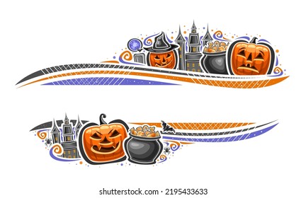 Vector border for Halloween with copy space for congratulation text, decorative greeting card with illustration of halloween jack-o-lantern in hat, cemetery tomb and halloween treats in pot on white