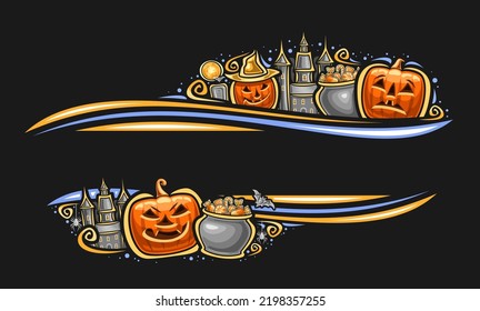 Vector border for Halloween with copy space for congratulation text, decorative greeting card with illustration of creepy halloween jack-o-lantern in hat, cemetery tomb and halloween treats on black