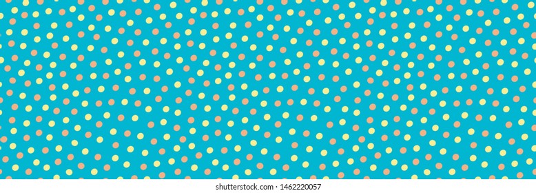 Vector border with hand drawn yellow and saffron colored polka dots. Irregular dotted banner on aqua blue background. Great design for washi tape, ribbon, edging, trim , wellbeing, baby, 
