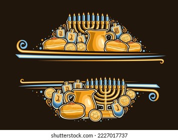 Vector border for Hanukkah with blank copyspace for congratulation text, decorative greeting card with illustration of golden menorah, blue burning candles, gold token and sweet sufgania for hanukkah