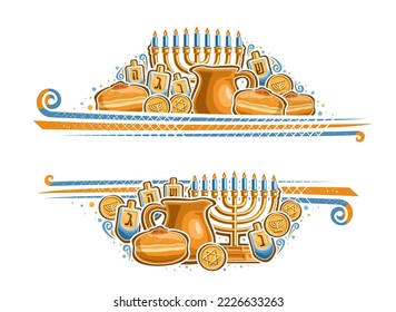 Vector border for Hanukkah with empty copy space for congratulation text, decorative greeting card with illustration of gold menorah, blue burning candles and sweet sufganiyot for hanukkah holiday