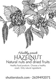 Vector border with hazelnut branch in engraving style. Graphic banner with forest nuts on tree. Template with growing healthy snack
