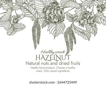 Vector border with hazelnut branch in engraving style. Graphic banner with forest nuts on tree. Template with growing healthy snack